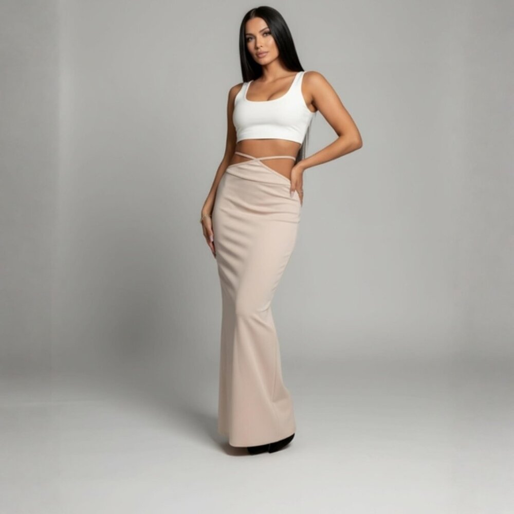 Fashion Nova ✦ Strappy Maxi Skirt ✦ High‑Waist Taupe Back‑Slit Body‑Skimming M